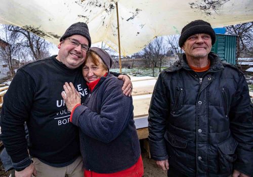 Ukraine, , Nov 2022. A group of American volunteers build shelters for families who have lost their homes as a result of the war. This innovative house model is not only very easy and quick to build, but also provides excellent insulation from the cold, which is starting to bite more and more.