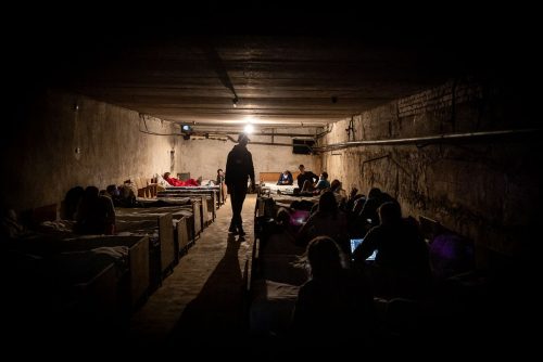 Ukraine, September 2022.Boys inside a shelter during an air raid warning. During the numerous missile attacks carried out by Russians after their retreat from the Izjum region, missile alarms sounded throughout the country.