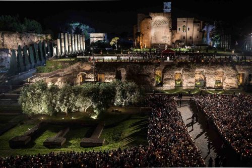 Rome, Italy, April 14 2017.About 20,000 faithful were present tonight, at the traditional Via Crucis (Way of the Cross) presided over by Pope Francis near the Colosseum in Rome. With much security amidst a climate of meditation and prayer, thousands of small flames of the candles that illuminated the night.