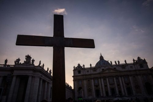 Vatican City, Rome, Italy; 28 feb 2013, People in S.Peter´s squeare sayng goodbye to Pope Benedict XVI. He left the Vatican by helicopter on Thursday afternoon to spend the final hours of his nearly eight-year, scandal-dogged papacy at the papal summer residence. Onlookers in St. Peter’s Square cheered, church bells rang and Romans stood on rooftops to wave flags as he flew from Rome to Castel Gandolfo, a hilltop town southeast of the city where popes have summered for centuries.