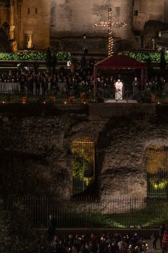 Rome, Italy, April 14 2017.About 20,000 faithful were present tonight, at the traditional Via Crucis (Way of the Cross) presided over by Pope Francis near the Colosseum in Rome. With much security amidst a climate of meditation and prayer, thousands of small flames of the candles that illuminated the night.