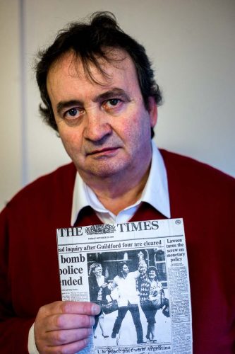 Belfast, Northern Ireland, 2013. Gerry Conlon (59) Gerry holding a copy of the newspaper announcing his release in 1989. Conlon spent 15 years in prison for a crime he didn't commit. His history has been brought in the movie 