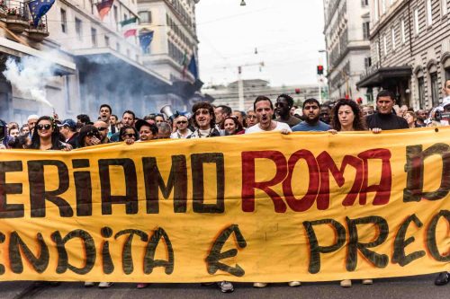 Rome, Italy, May  2014.Demonstration against the house plan and the jobs act.At the base of the protest the rule that it is not possible to connect electricity and gas for those illegally occupying a house.