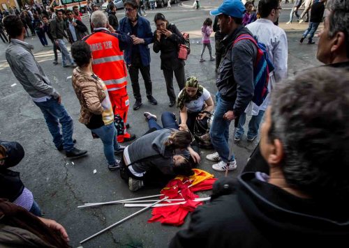 Rome, Italy, apr,2014. Riot police and protesters clash as thousands of people protest against Italian government and austerity measures in Rome, Italy, 12 April 2014.